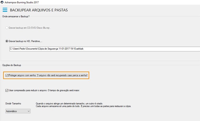 Escolha a opção para salvar o backup por senha (Foto: Reprodução)