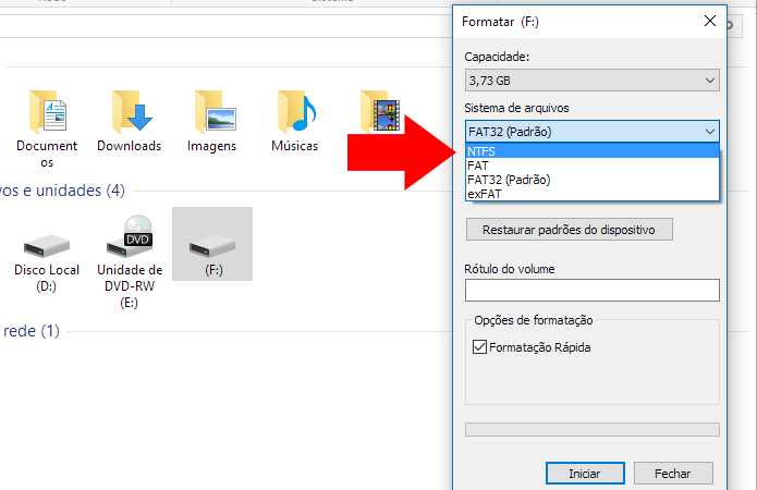 Selecione NTFS como sistema de arquivos (Foto: Reprodução/Paulo Alves)