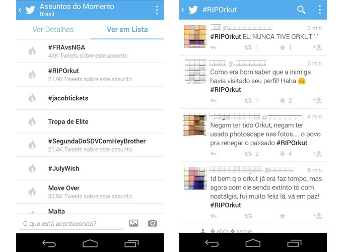 Ranking de assuntos do momento no Twitter e comentários dos internautas sobre Orkut (Foto: Reprodução/Melissa Cruz) Ranking de assuntos do momento no Twitter e comentários dos internautas sobre Orkut (Foto: Reprodução/Melissa Cruz)
