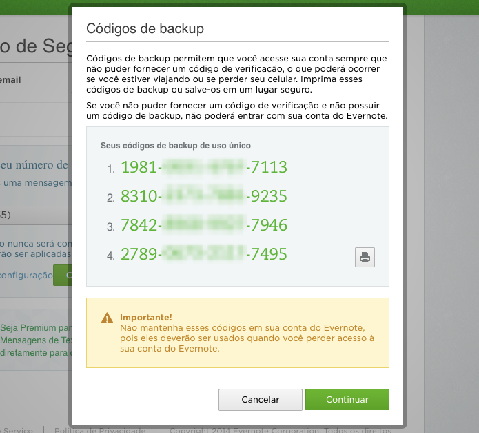 Guarde em local seguro os códigos de backup (Foto: Reprodução/Helito Bijora)