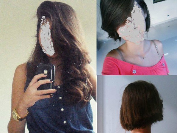 Jovem mostra o cabelo antes e depois do roubo (Foto: Aline Alencar/Divulgação)