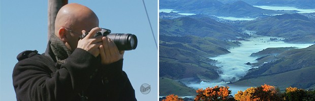 À esq., fotógrafo Leonardo Bueno e à direita, foto do vale visto do alto do Pico da Bandeira (Foto: Montagem Reprodução EPTV / Leonardo Bueno)