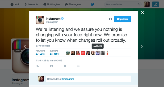 Instagram diz que mudança no feed não será de uma hora para a outra no Twitter (Foto: Divulgação/Instagram)
