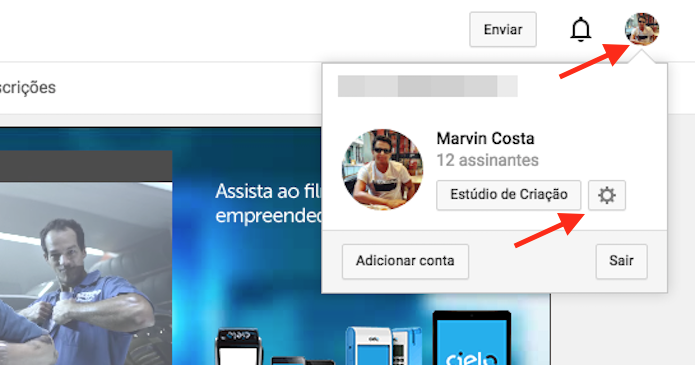 Acessando as opções de uma conta do YouTube (Foto: Reprodução/Marvin Costa)