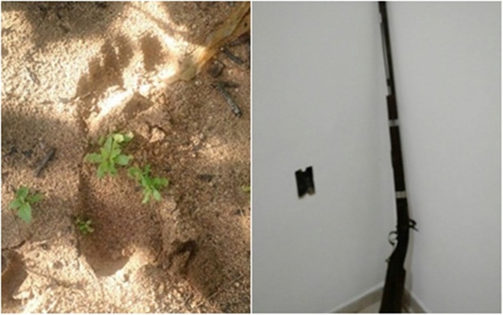Pegadas e arma encontrada na área do crime levaram polícia a um dos suspeitos. (Foto: Divulgação / PM)