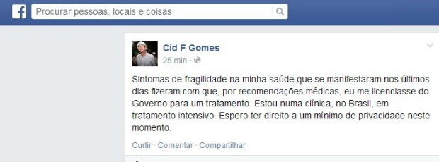 Cid Gomes pediu licença e diz fazer tratamento no Brasil (Foto: Facebook/Reprodução)