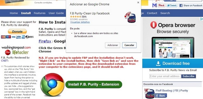 Página oficial do F.B. Purity e janela de confirmação para adicionar o plugin ao Chrome (Foto: Reprodução/Raquel Freire)