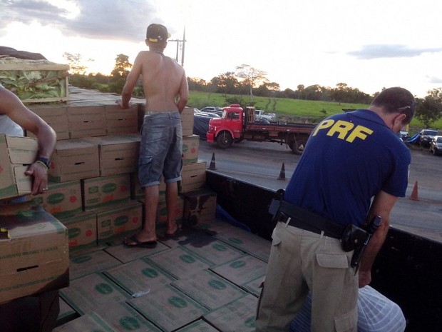 Confecções estavam embaixo das caixas de verdura e óleo de soja em caminhão, em Araguaína (Foto: Divulgação/PRF TO)