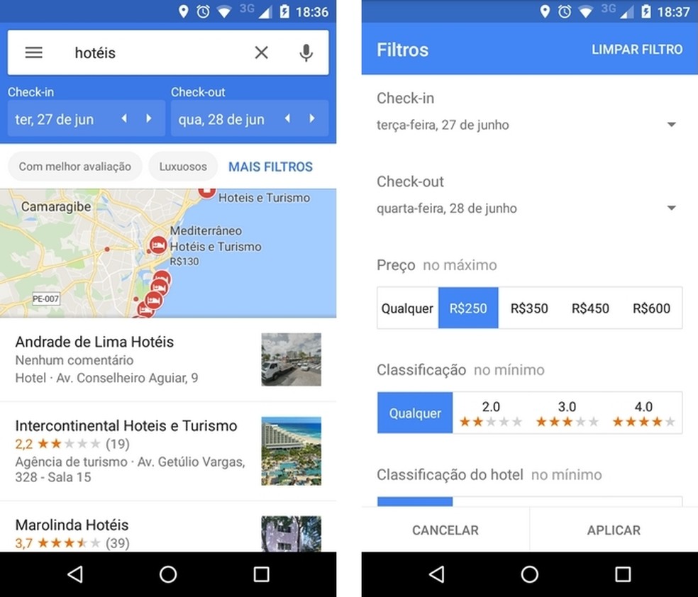 App do Google Maps permite pesquisar hotéis e fazer reservas (Foto: Reprodução/Raquel Freire)