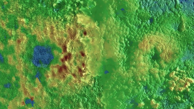 Piccard Mons (à esq.) and Wright Mons (à dir.); as cores da imagem divulgada pela Nasa indicam a altura: azul é baixo, verde é intermediário e marrom é alto (Foto: NASA/JPL-JHU/SWRI) Piccard Mons (à esq.) and Wright Mons (à dir.); as cores da imagem divulgada pela Nasa indicam a altura: azul é baixo, verde é intermediário e marrom é alto (Foto: NASA/JPL-JHU/SWRI)