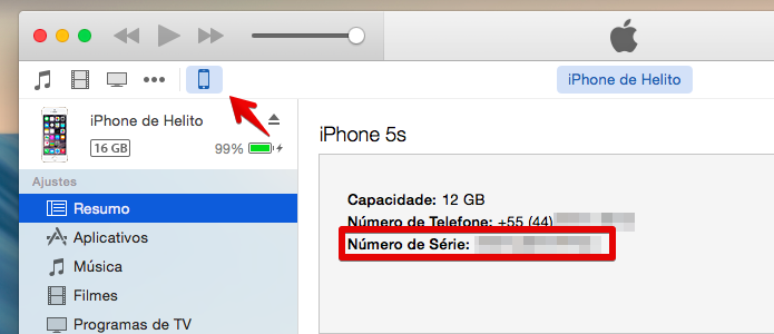 Visualizando o número de série pelo iTunes (Foto: Reprodução/Helito Bijora)