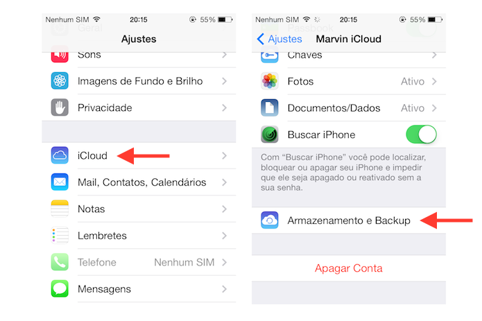 Acessando as opções de armazenamento do iCloud no iOS (Foto: Reprodução/Marvin Costa)