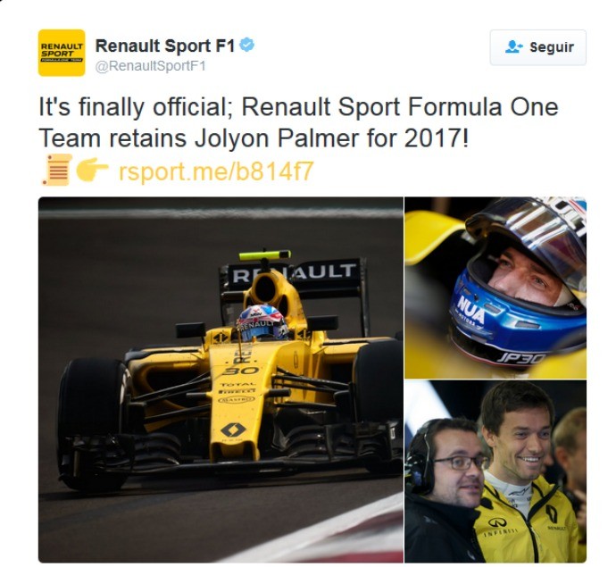 Renault confirma Jolyon Palmer para 2017 (Foto: Reprodução)