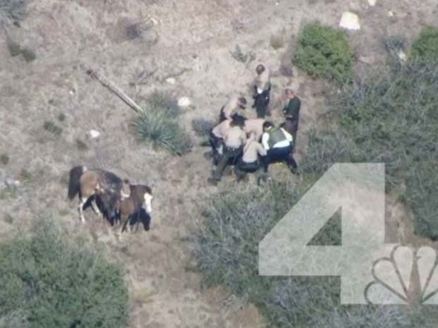 Vdeo da KNBC-TV mostra policiais batento em suspeito nesta quinta-feira (9) no Apple Valley, Califrnia (Foto: AP Photo/KNBC-TV)