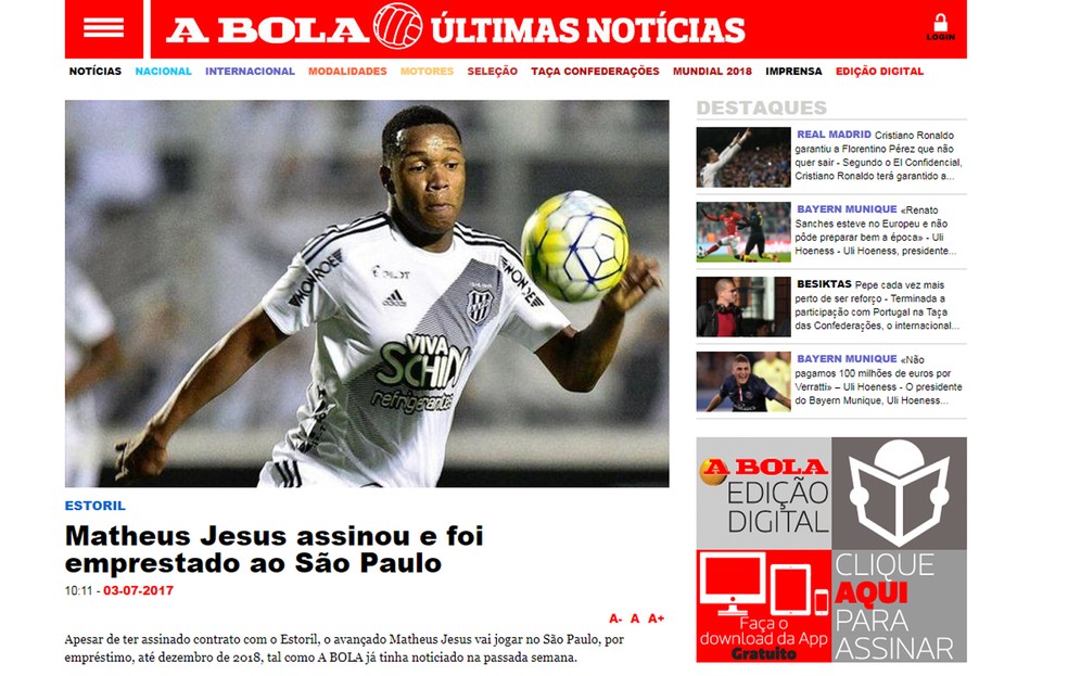 Jornal português deu acerto de Matheus Jesus com o São Paulo (Foto: Reprodução / A Bola)