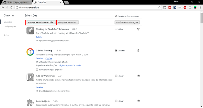 Clique para adicionar uma extensão salva no seu computador (Foto: Reprodução/Elson de Souza)