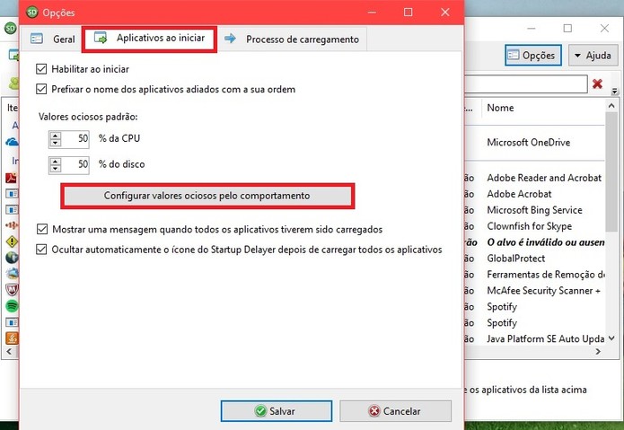Na segunda aba superior, clique em Configurar valores ociosos no Startup Delayer (Foto: Reprodução/Isabela Giantomaso)