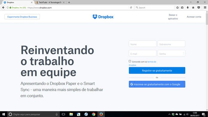 Acesse o site do Dropbox pelo navegador (Foto: Reprodução/Pedro Cardoso) Acesse o site do Dropbox pelo navegador (Foto: Reprodução/Pedro Cardoso)
