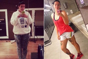 Um ano e meio e menos 38 kg separam a auxiliar nas duas fotos (Hallini Rotondo/Arquivo pessoal)