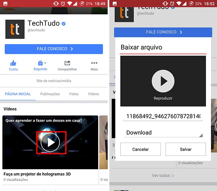 Usuário precisa tocar no vídeo do Facebook para que Opera ofereça o download (Foto: Reprodução/Elson de Souza)