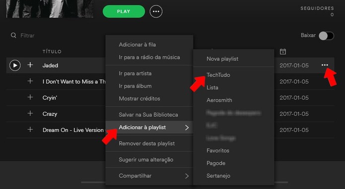 Adicione uma música a uma playlist do Spotify (Foto: Reprodução/Rodrigo Fernandes) Adicione uma música a uma playlist do Spotify (Foto: Reprodução/Rodrigo Fernandes)