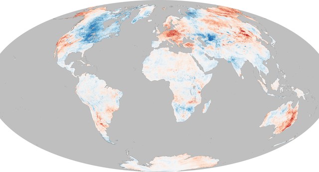 Médias globais de temperatura entre dezembro e fevereiro. Os trechos em vermelho   mostram onde a temperatura média foi até 8 graus   centígrados acima da média do século XX. As áreas  em azul tiveram temperaturas até 8 graus abaixo da  média. (Foto: Divulgação/ Nasa)