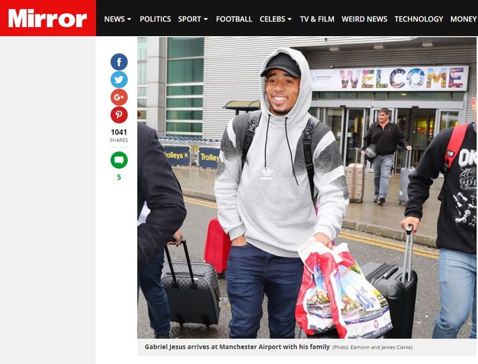 Gabriel Jesus chega a Manchester para se juntar ao City (Foto: Reprodução/Daily Mirror)