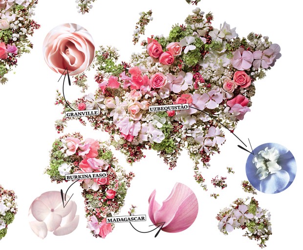 Inspirada pela paixão de Christian Dior por jardins florais, a marca mantém atualmente nove jardins pelo mundo. O mapa mostra alguns desses endereços, cujas comunidades locais são apoiadas para produzir as plantas e extratos que serão usados nos cosmético (Foto:  )