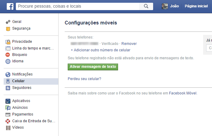 Rede social permite adicionar número de celular para aumentar segurança (Foto: Reprodução/Facebook)