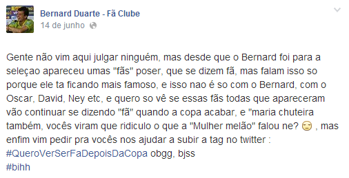 Post em página dedicada ao jogador Bernard (Foto: Reprodução/Reprodução) Post em página dedicada ao jogador Bernard (Foto: Reprodução/Reprodução)