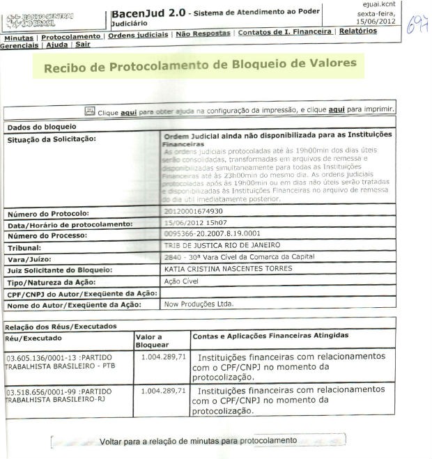 Documento da Justiça Estadual do Rio ordenando o bloqueio da conta do PTB nacional (Foto: Reprodução)