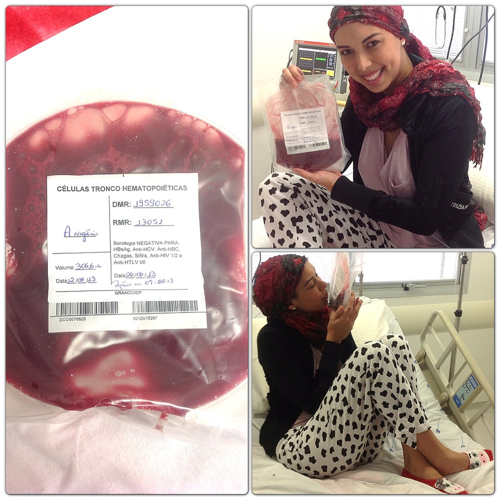 Aline com a medula de seu doador, no dia do transplante (Foto: Aline Wega/ Arquivo Pessoal)