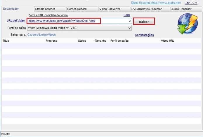 Insira a URL copiada no programa usado para baixar vídeos do YouTube (Reprodução/Paulo Finotti)