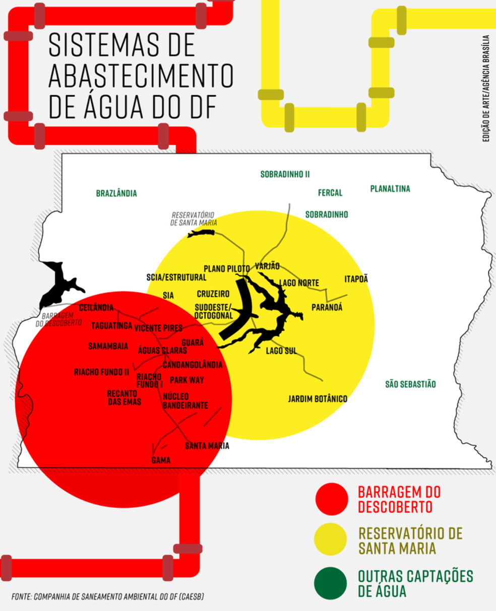 Mapa mostra onde vão funcionar restrições na água; em vermelho, racionamento e em amarelo, redução da pressão (Foto: Agência Brasília/Divulgação)