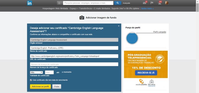 Edite as informações do certificado e clique em Adicionar ao perfil (Foto: Reprodução/Juliana Pixinine)