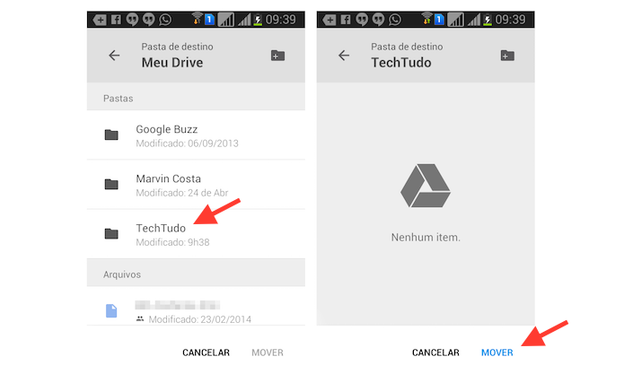 Movendo um arquivo para uma pasta do Google Drive para Android (Foto: Reprodução/Marvin Costa)