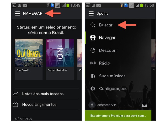 Acessando as funcionalidades do aplicativo do Spotify para dispositivos móveis (Foto: Reprodução/Marvin Costa)