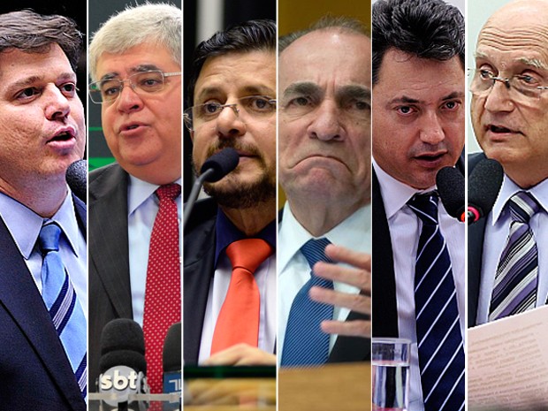 Os deputados do PMDB Baleia Rossi, Carlos Marun, Fábio Ramalho, Marcelo Castro, Sérgio Souza e Osmar Serraglio (Foto: Montagem com fotos de Luis Macedo, Gustavo Lima, José Cruz, Lúcio Bernardo e Gilmar Félix / Câmara dos Deputados e Agência Brasil)