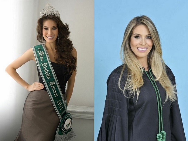 Alessandra Baldini como miss DF em 2011 e em foto feita três depois, quando tomou posse como juíza do Tribunal Regional Federal (Foto: Cassiano Grandi/Divulgação e Tribunal Regional Federal/Divulgação)