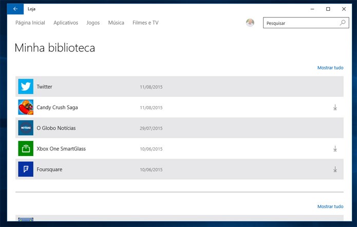 Os apps não instalados são identificados pela setinha para baixo (Reprodução)