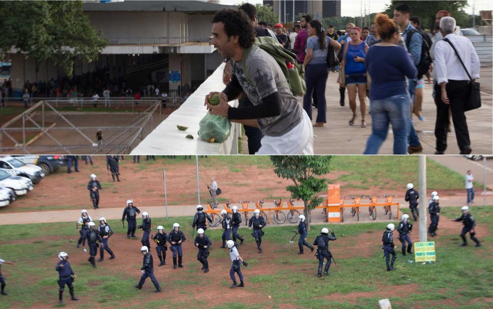 Manifestante joga pequi contra policiais militares durante ato contra PEC do teto de gastos em Brasília; PMs 'fogem' de pequis (Foto: Alvaro Costa/TV Globo)