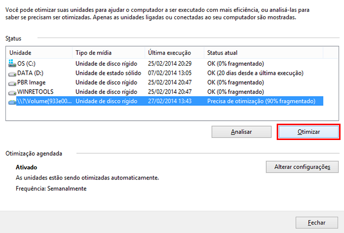 Observe que o sistema indica a unidade de precisa de reparo. Clique em Otimizar para prosseguir. (Foto: Reprodução/Paulo Alves)