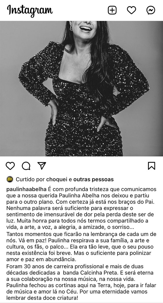 Perfil de Paulinha Abelha lamenta morte (Foto: Reprodução/Instagram)