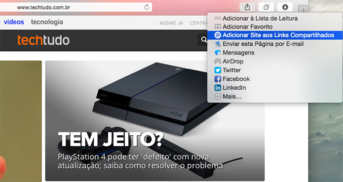 Assine o feed RSS pelo menu de compartilhamento (Foto: Reprodução/Paulo Alves)
