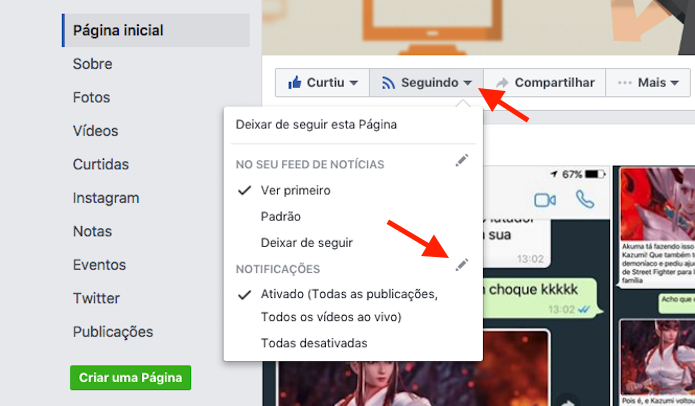 Caminho para acessar as configurações de notificações de uma página do Facebook (Foto: Reprodução/Marvin Costa)