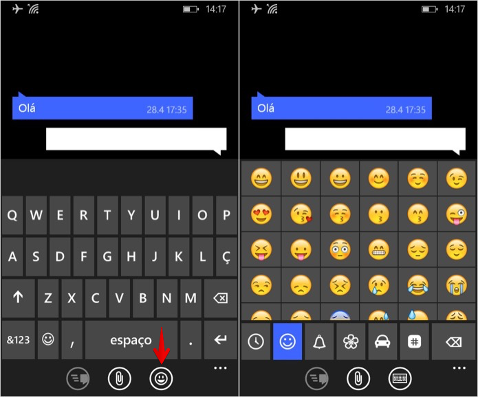 Acessando os Emojis no Windows Phone (Foto: Reprodução/Helito Bijora) Acessando os Emojis no Windows Phone (Foto: Reprodução/Helito Bijora)