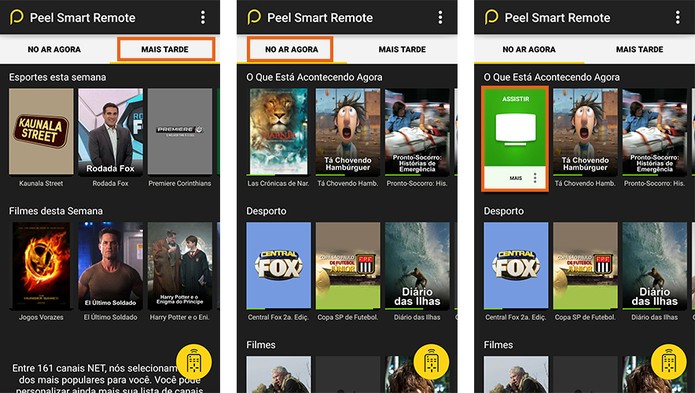 O app Peel Smart Control mostra a programação e permite acessar os canais (Foto: Reprodução/Barbara Mannara)