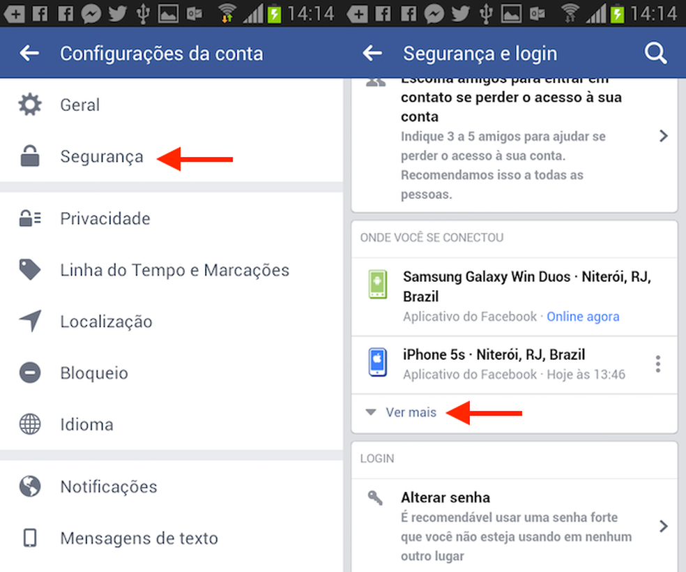 Caminho para ver os dispositivos conectados em sua conta do Facebook (Foto: Reprodução/Marvin Costa)