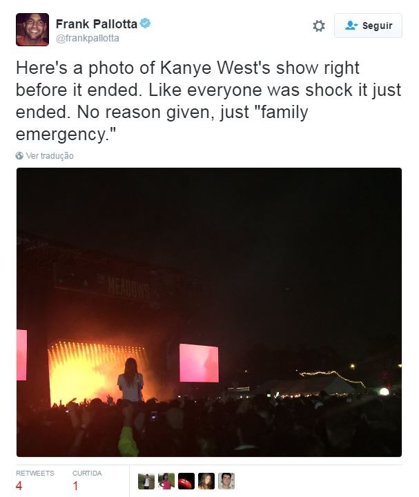 Fãs relatam show de Kanye West interrompido. Aqui está uma foto do show de Kanye West direita antes que terminou. Como todos foi o choque que acaba de terminar. Nenhuma razão dada, apenas &quot;emergência familiar.&quot; (Foto: Reprodução/Twitter)