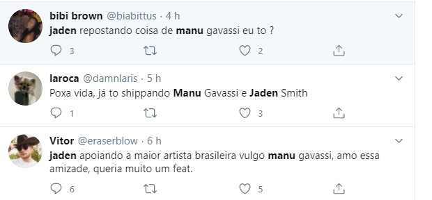Fãs piram após Jaden Smith repostar vídeo de Manu Gavassi (Foto: Reprodução/Twitter) Fãs piram após Jaden Smith repostar vídeo de Manu Gavassi (Foto: Reprodução/Twitter)